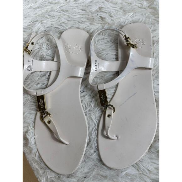 Coach Sandals Womens Size 9B White Jelly T-Strap Thong Gold Hardware Ankle Strap - Picture 2 of 6